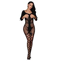 Sexy open cup fishnet off shoulder bodystocking with bow 1