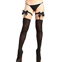 Black Satin Bow Accent Sheer Thigh High Stockings 1